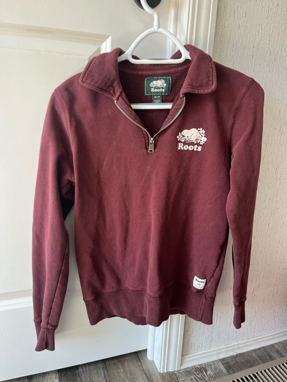 Roots Burgundy Quarter-Zip Pullover with White Logo